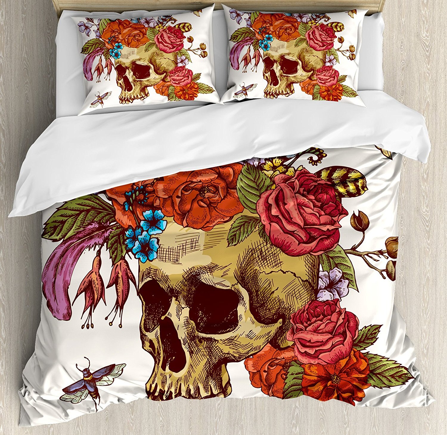  ສ Ŀ Ʈ Ƽ     ɴٹ ɰ  ܹ Ʈ ħ Ʈ/Day Of The Dead Duvet Cover Set Vintage Sugar Skull Bouquet of Flowers Feathers Blooms Bugs and
